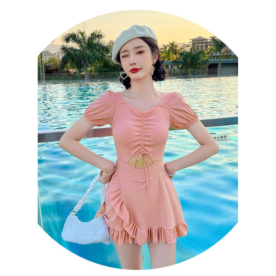 水着 ピンク ワンピース レディース 海外 韓国 水泳 プール 通販