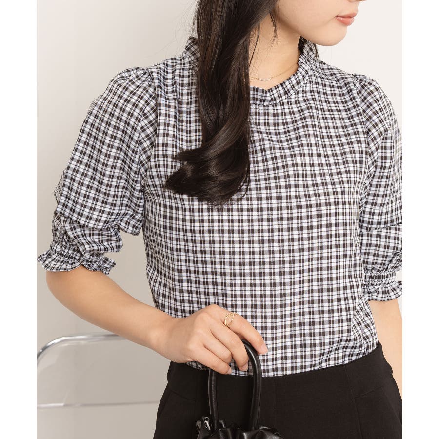 ギンガムチェックシャーリング5分袖ブラウス レディース
