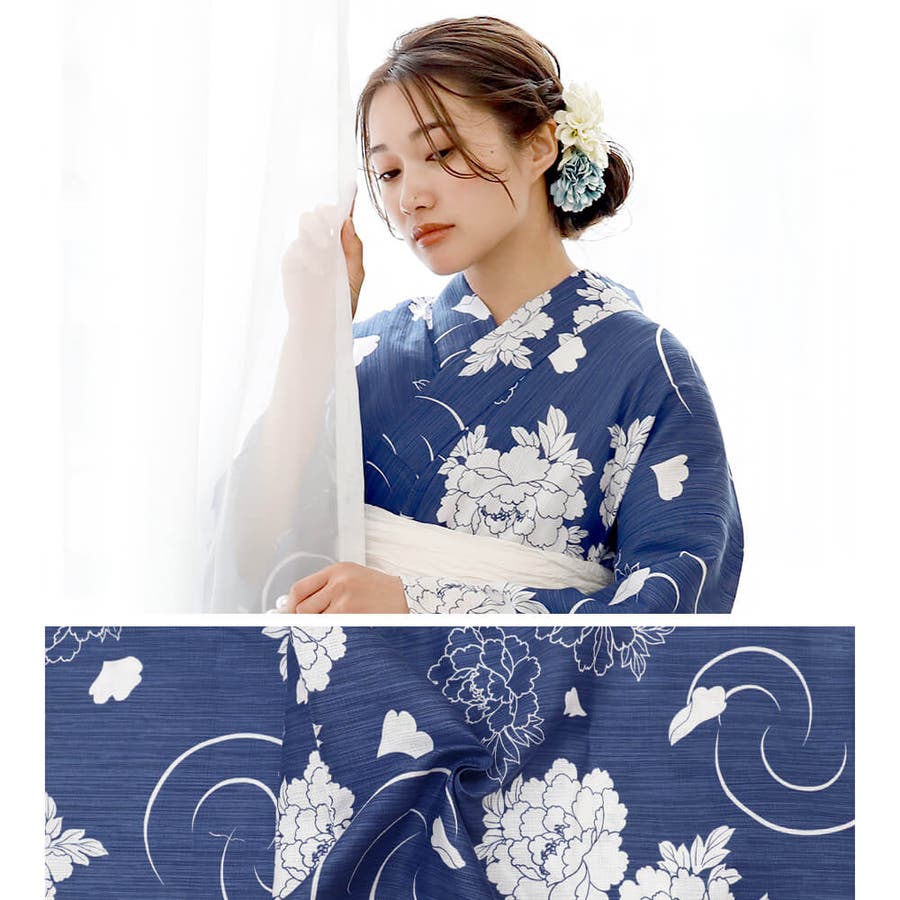 ✿新品未使用　綿麻浴衣　ターコイズブルー　高級浴衣　碧色　牡丹　夏着物 浴衣 レディース 綿麻[品番：NNCW0004053]｜Ainokajitsu（アイノカジツ