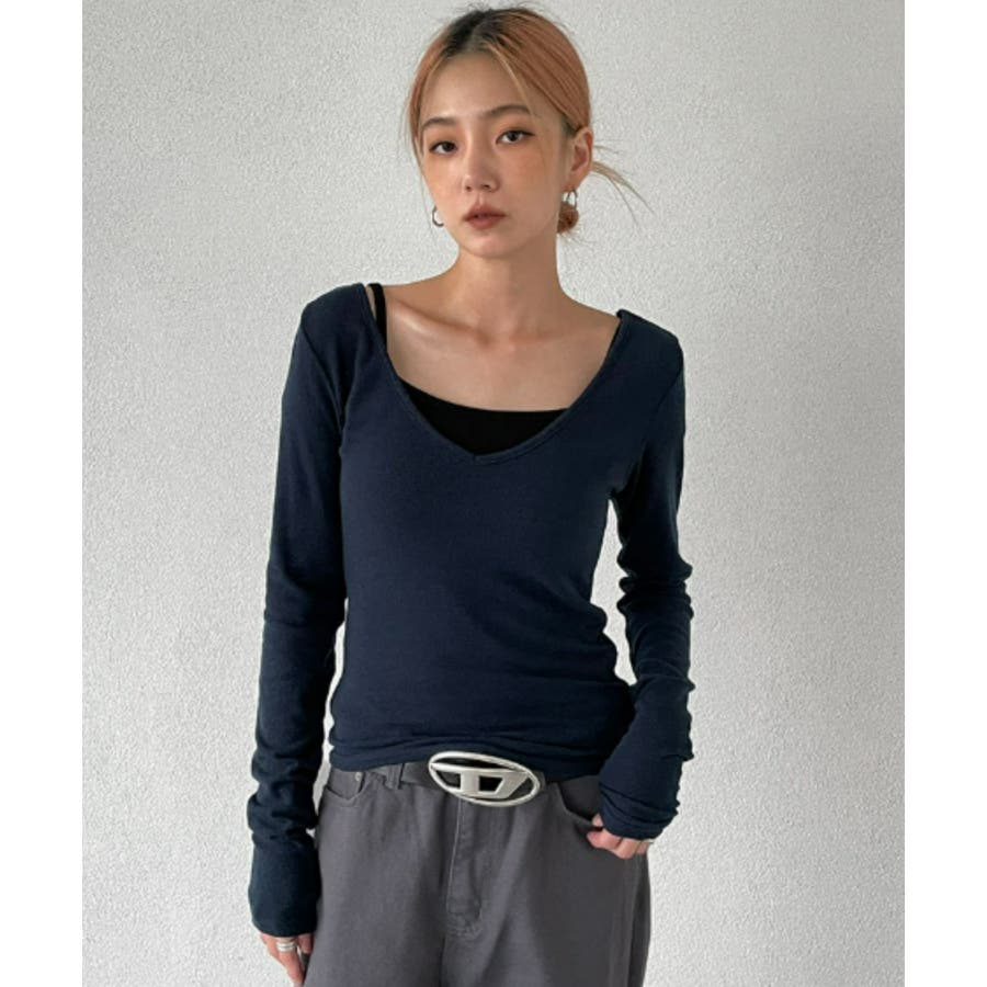 BLACKUP ウィザーVネックレイヤード長袖Tシャツ[品番
