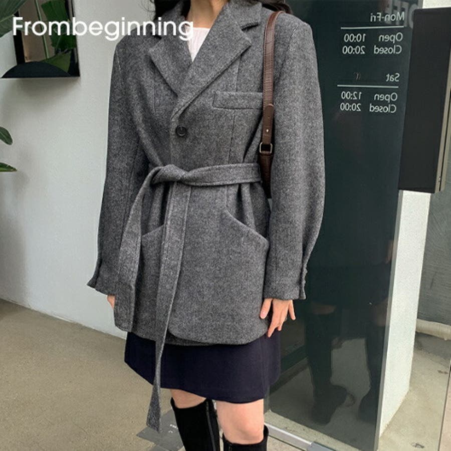 FROM BEGINNINGヘリンボーンベルトオーバーハーフコート韓国[品番