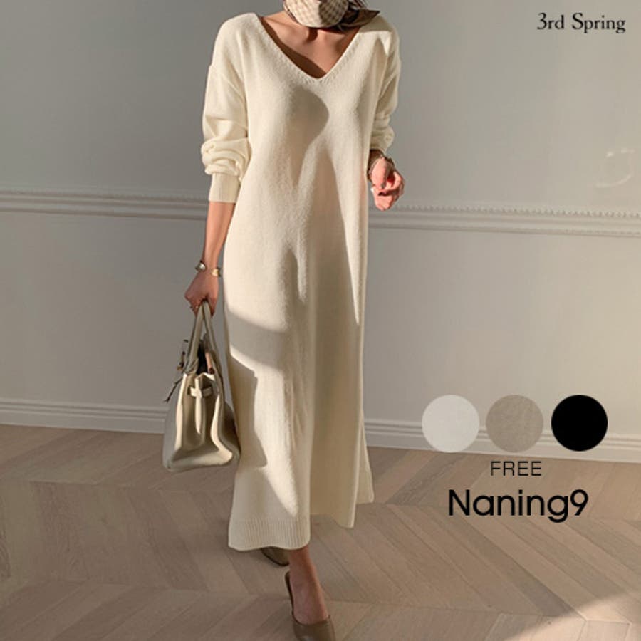 naning9vネックニットワンピース韓国 韓国ファッション vネック