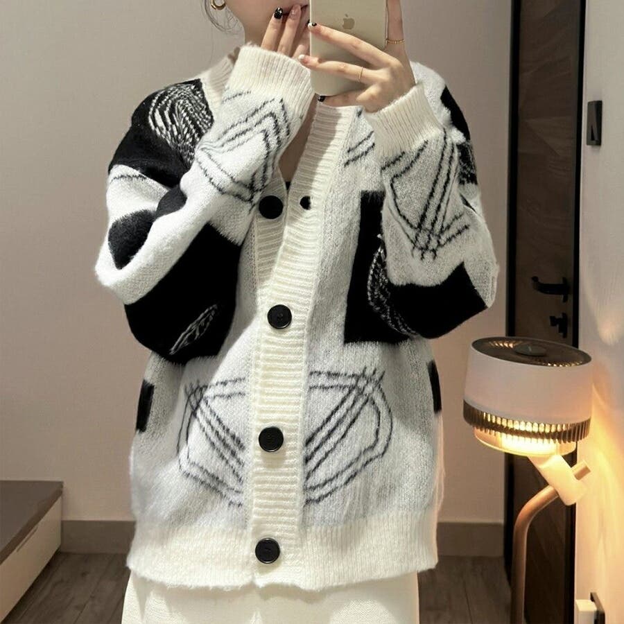 ニュアンス柄オーバーサイズニットカーデガン 総柄 個性的[品番