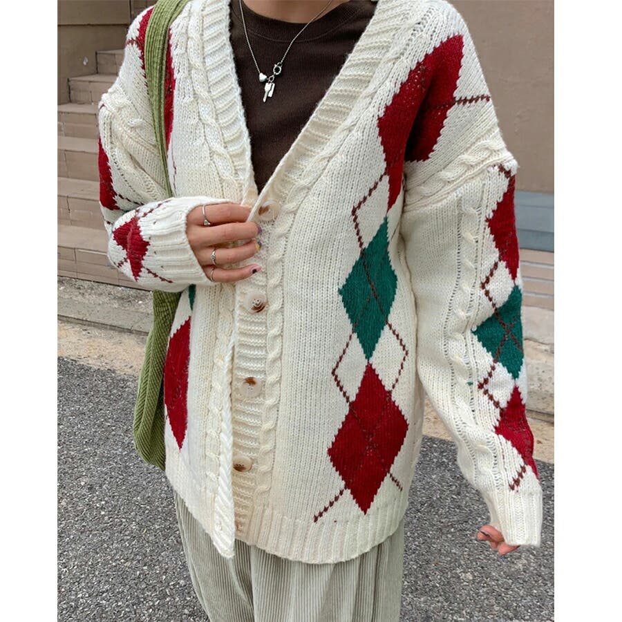 【再入荷】 ダイヤ柄ニットカーディガン Vネックカーディガン レトロ[品番 トップス
