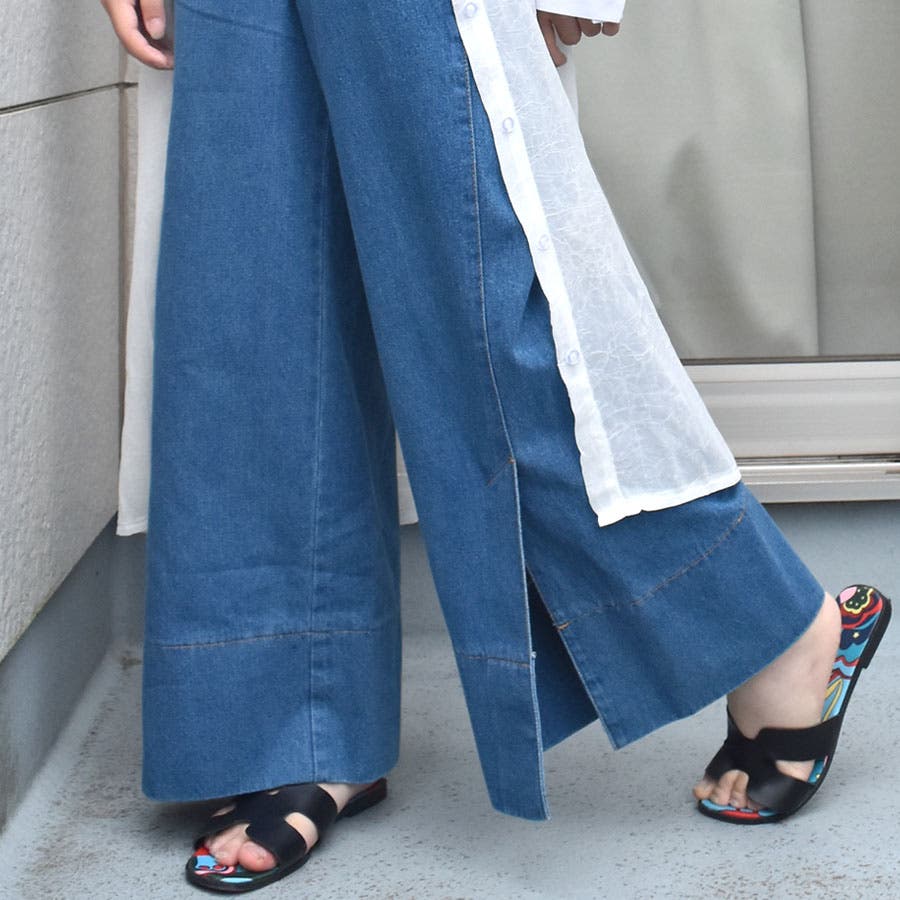 サイドスリットワイドデニムパンツ ハイウエストデニムパンツ