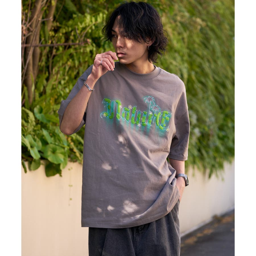 サガラ刺繍 モフモフ ネイチャープリント 半袖Tシャツ[品番  