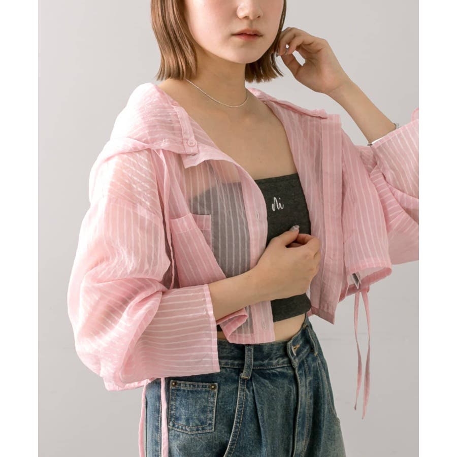 【SALE／37%OFF】 mystic】フード付きシアーストライプシャツ[品番：PALW0003345 トップス