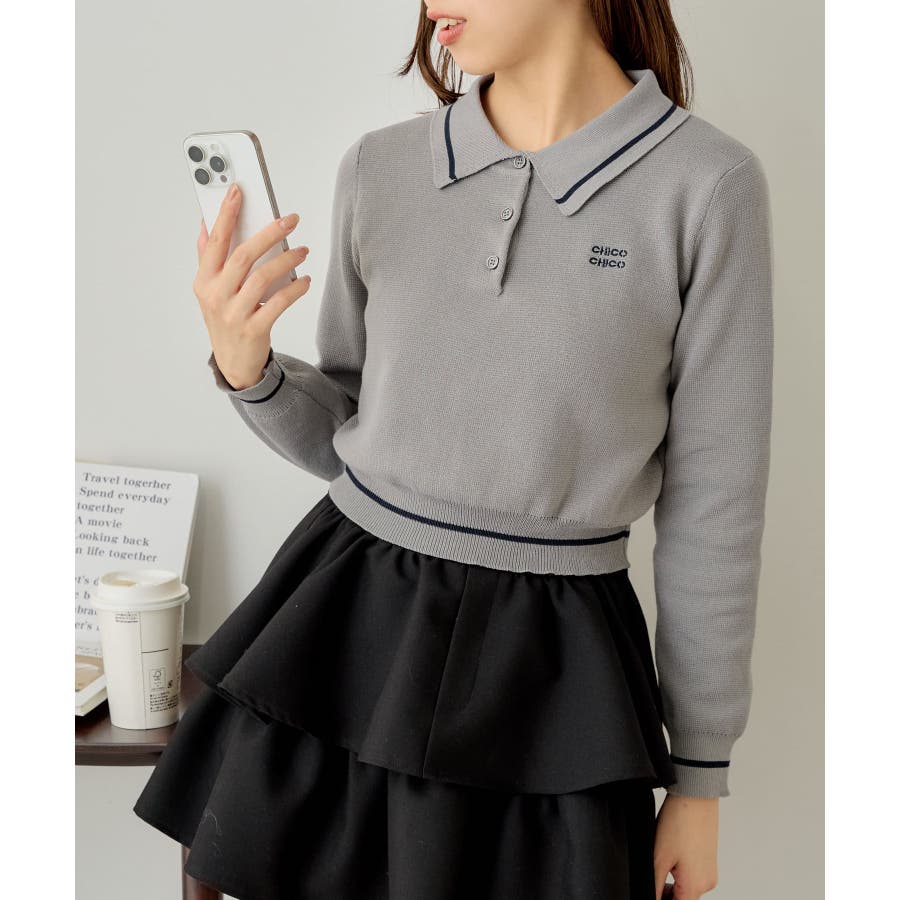 25SS Chico チコ 刺繍入り襟付きポロニット Chico】ロゴ刺繍長袖