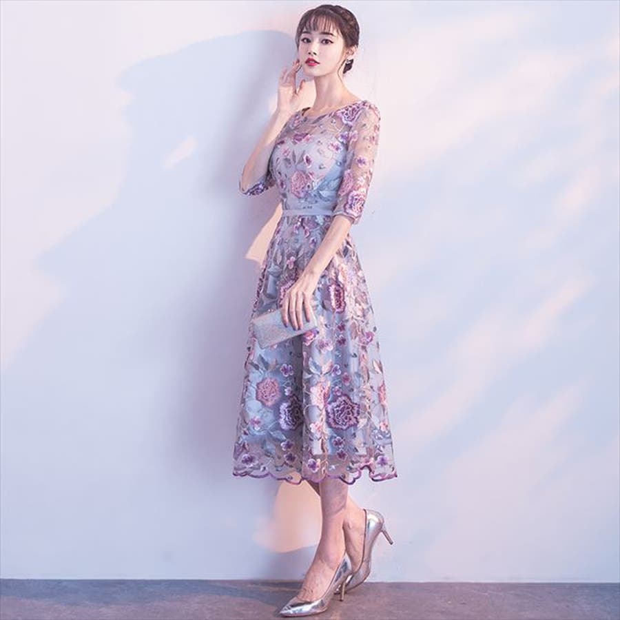 結婚式 ワンピース 花柄 フォーマル タイト フレア 韓国 パーティードレス 花柄 ロング[品番：PSBA0000116]｜パーティー