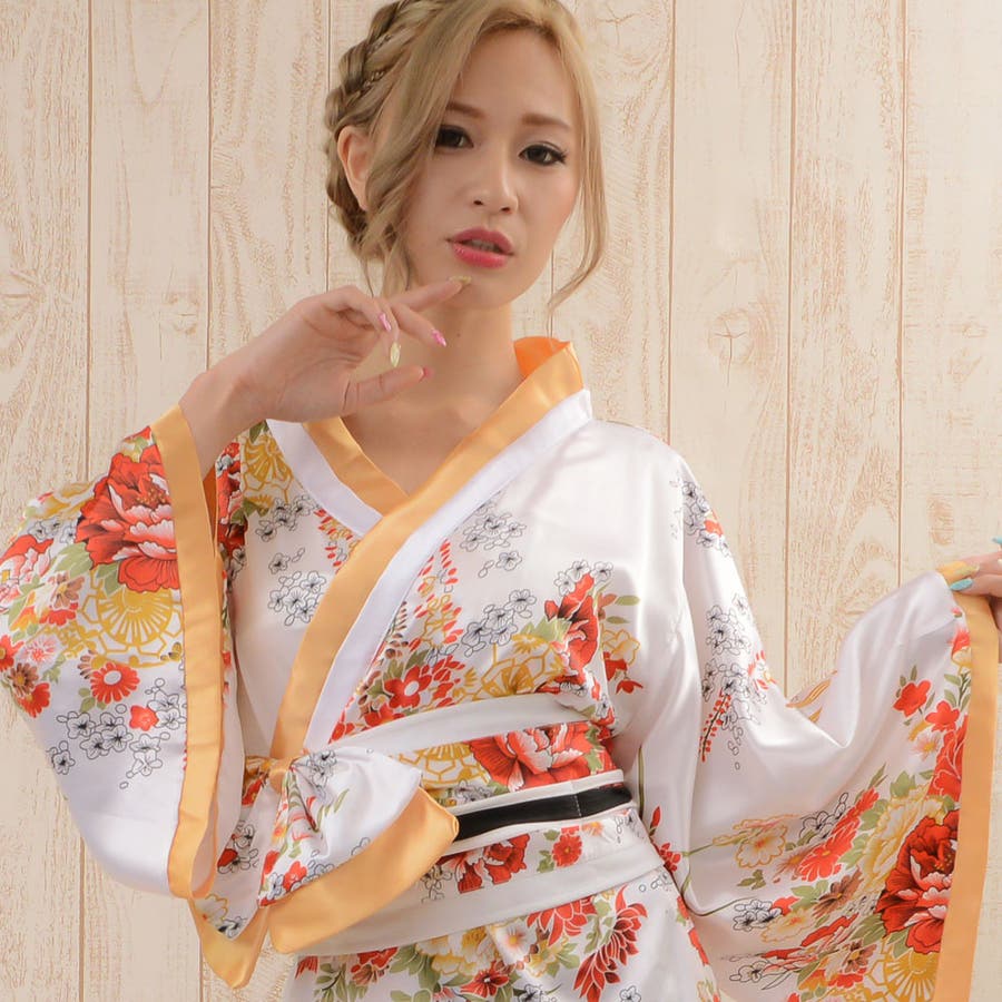 着物ドレス レディース 花魁風帯付き和柄サテンロングドレス