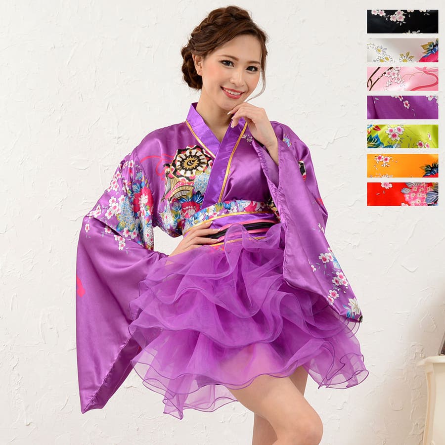 サテン和柄豪華花魁ミニ着物ドレス 和柄 よさこい 花魁 コスプレ