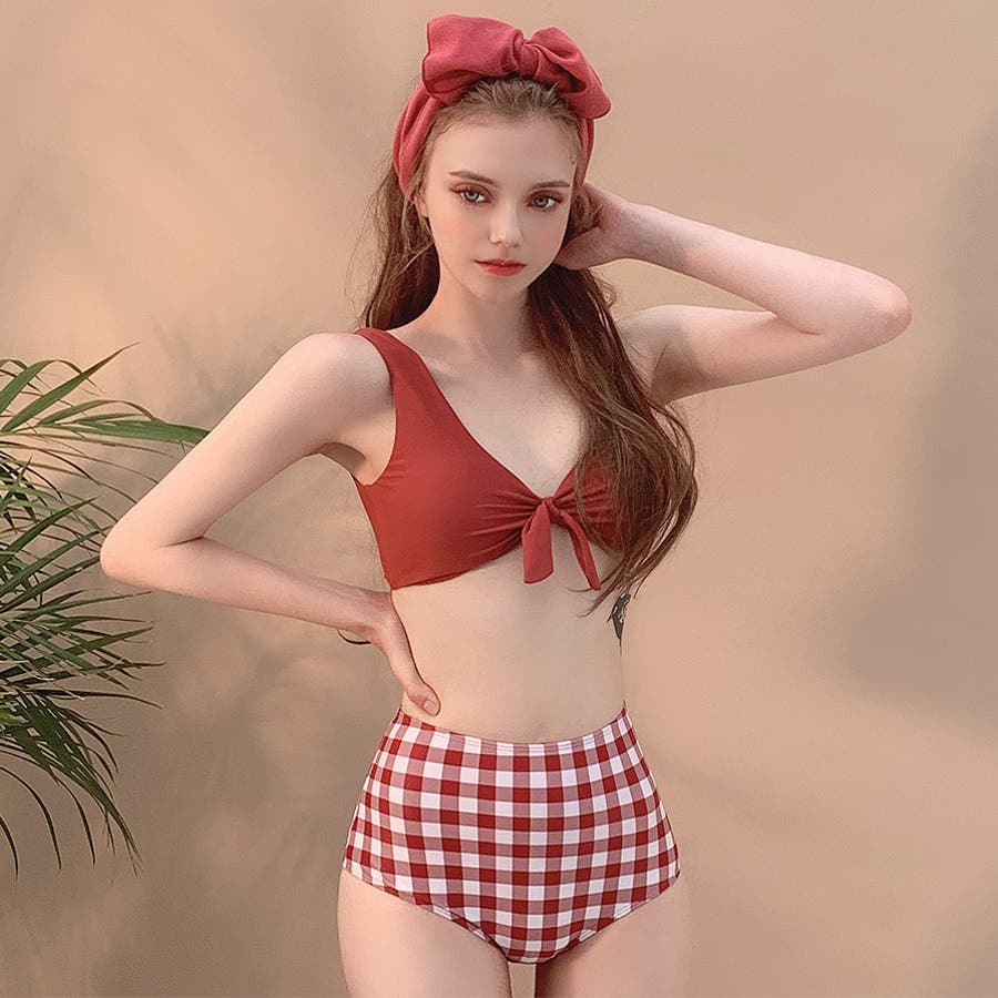 リボン＆チェックビキニ ギンガムチェック バイカラー[品番