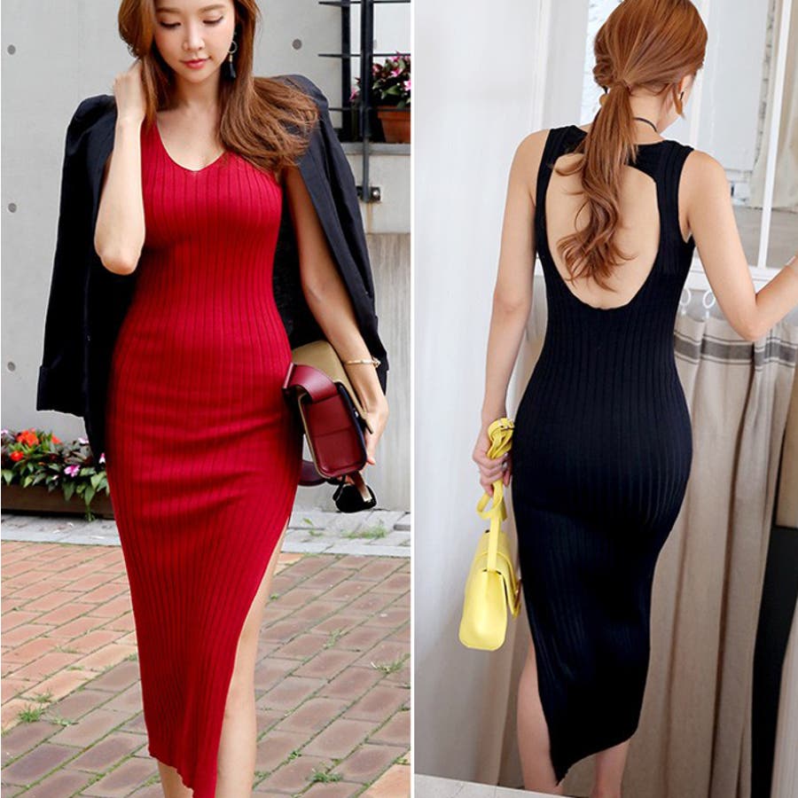 ニットロングワンピース ドレス タイトフィット[品番