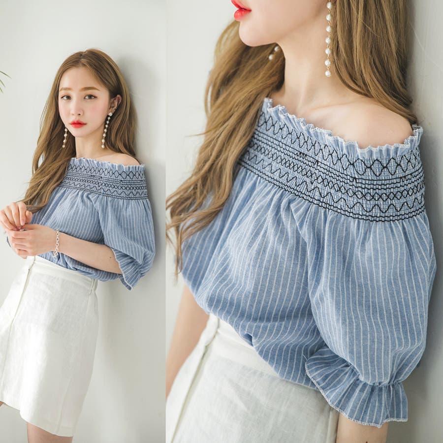 ガーリッシュオフショルダーブラウス 刺繍 ストライプ[品番