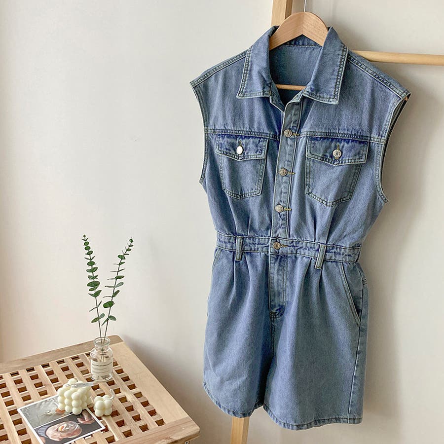 デニムノースリーブジャンプスーツ オールインワン ハーフパンツ