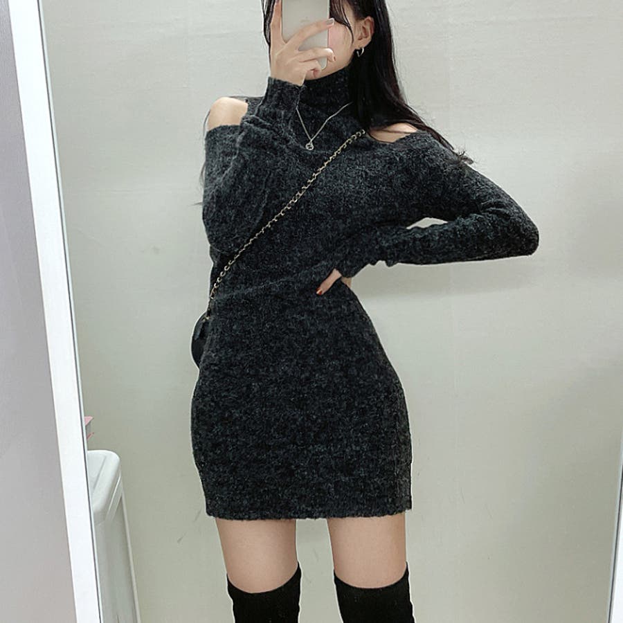 オフショルダーニットワンピース ハイネック ミニワンピース