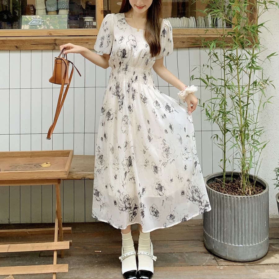 春夏新作 ウエストシャーリング半袖シフォンワンピース
