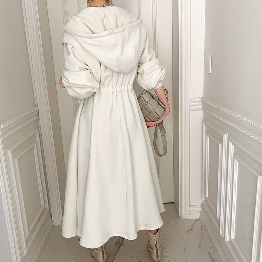 ウエストマークフロントジップフーディーフレアワンピース[品番  