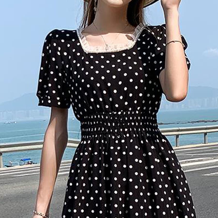 ドット柄パールチュールスクエアネックワンピース[品番