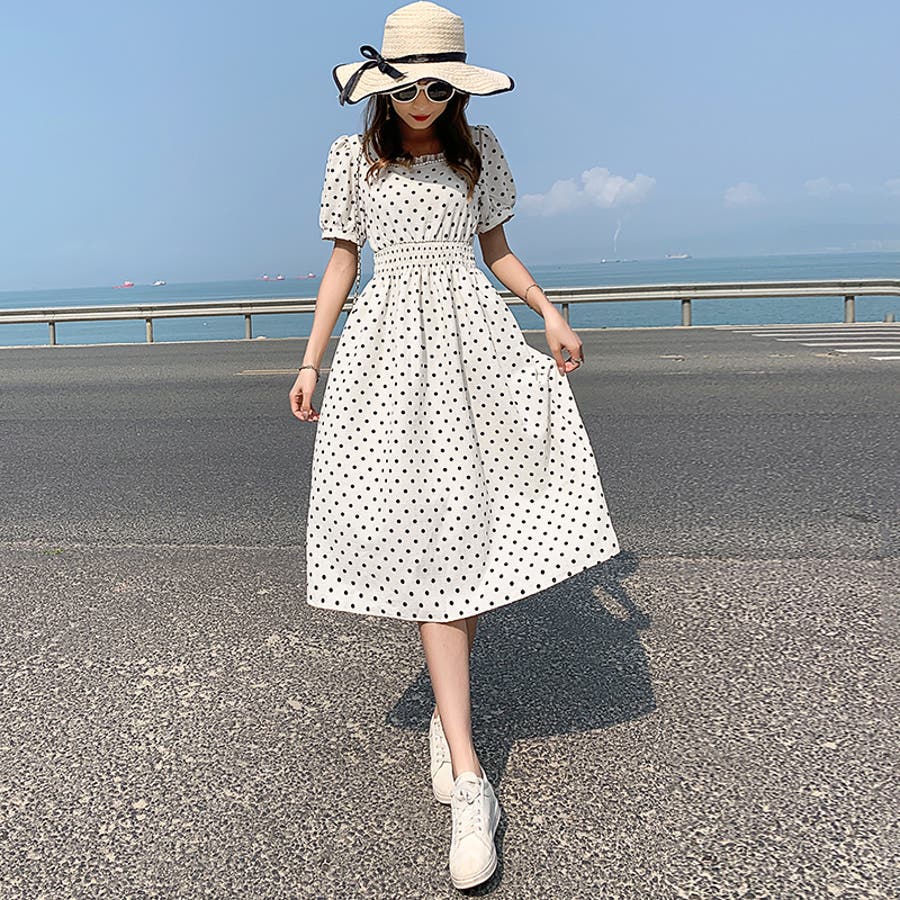 ドット柄パールチュールスクエアネックワンピース[品番：PVBW0003361