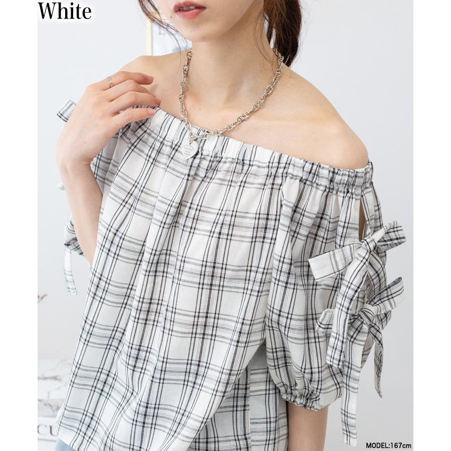 【当店限定販売】 リボン袖 チェック柄 オフショル ブラウス[品番 プルオーバー XLサイズ以上