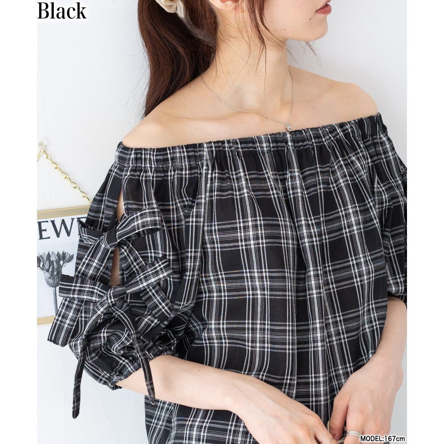大人 可愛い 服  チェック柄 リボン袖 オフショル プルオーバー ブラウス[品番 XLサイズ以上