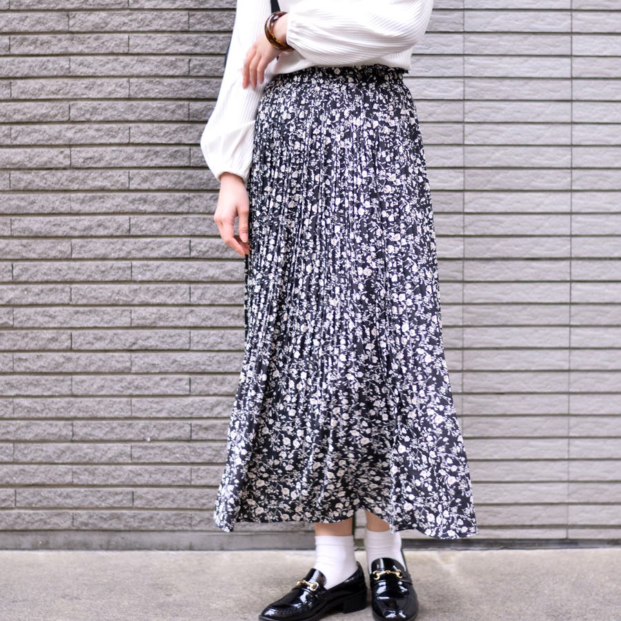 デシン花柄 ロング消しプリーツスカート[品番：PPNW0001250
