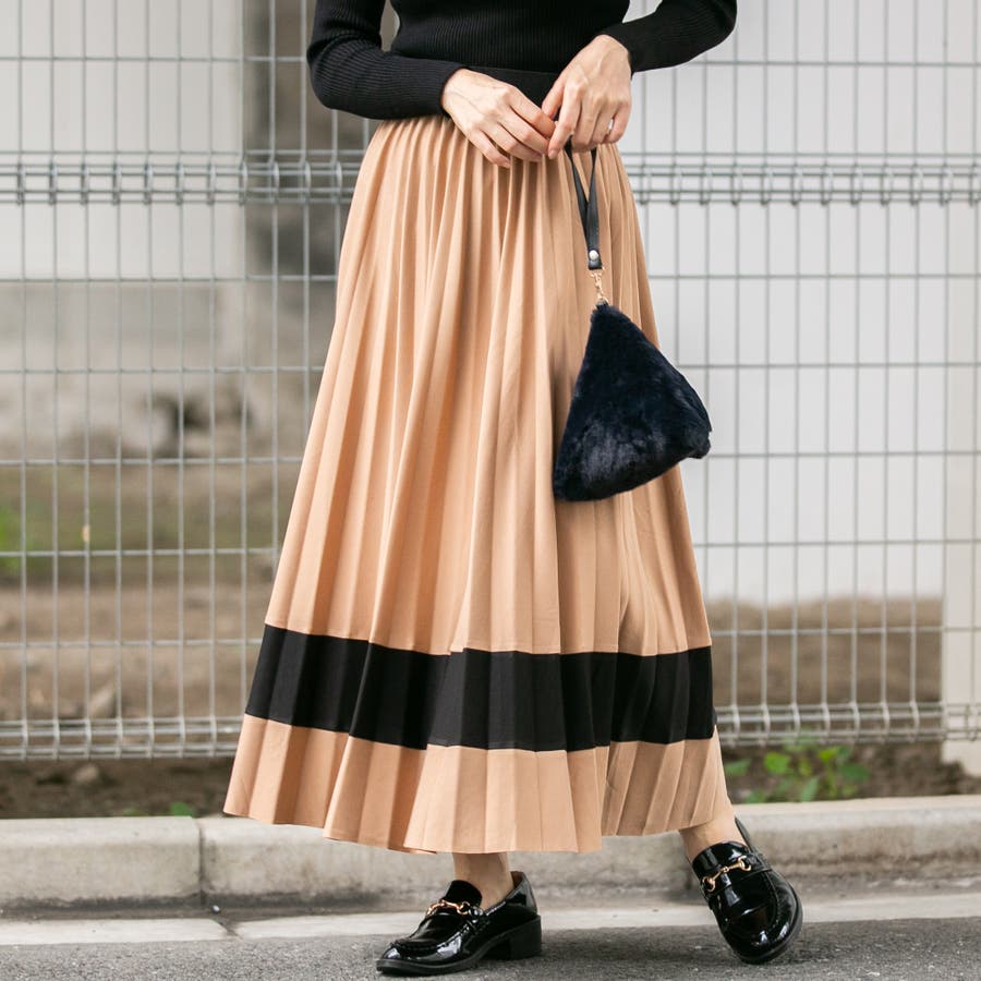 当店だけの限定モデル ポンチ配色 ロングプリーツスカート[品番：PPNW0000925 スカート