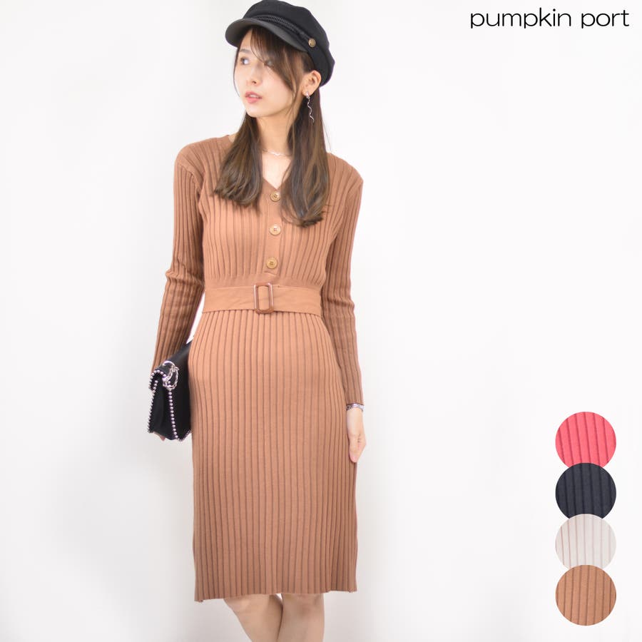 ソフトリブニット 共生地ベルト付きvネックロング長袖ワンピース 品番 Ppnw Pumpkin Port パンプキン のレディースファッション通販 Shoplist ショップリスト