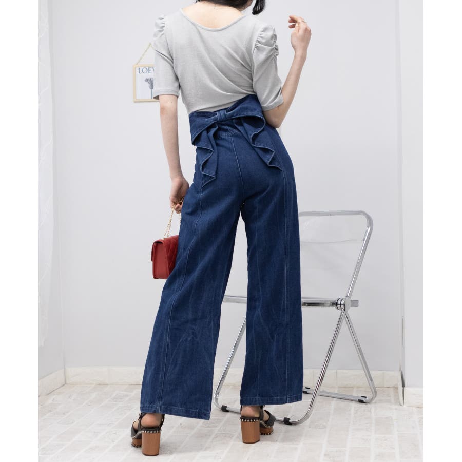 BACKリボン ハイウエストデニムワイドパンツ[品番：PPNW0004169