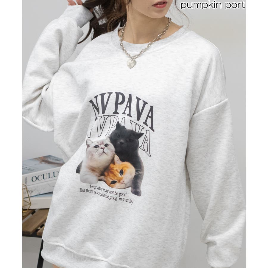 猫転写プリントのビッグサイズトレーナー[品番：PPNW0004504