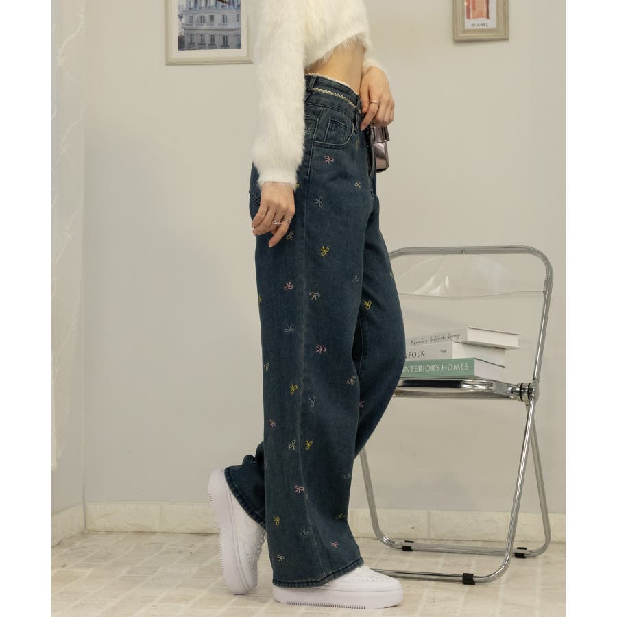カラフルリボン刺繍 デニムワイドパンツ[品番：PPNW0004563