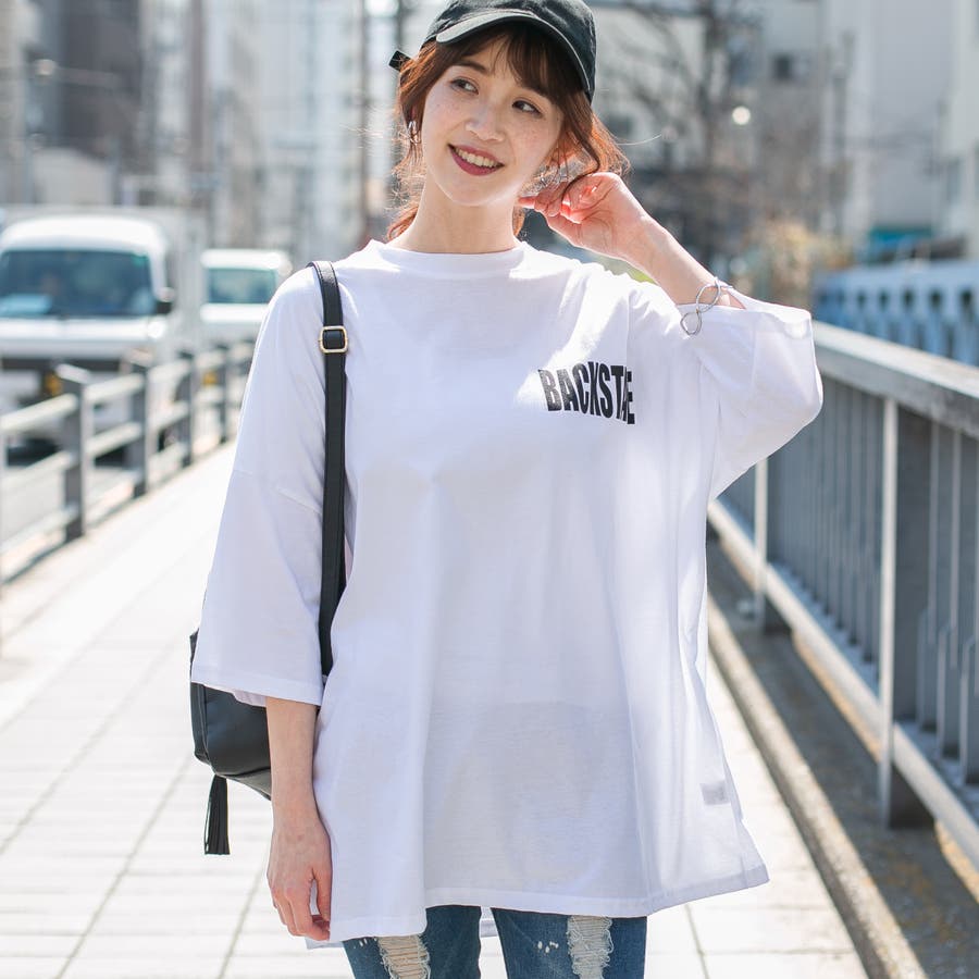 コットン天竺 左胸ロゴ＆バックロゴプリン入り BIGロングTシャツ