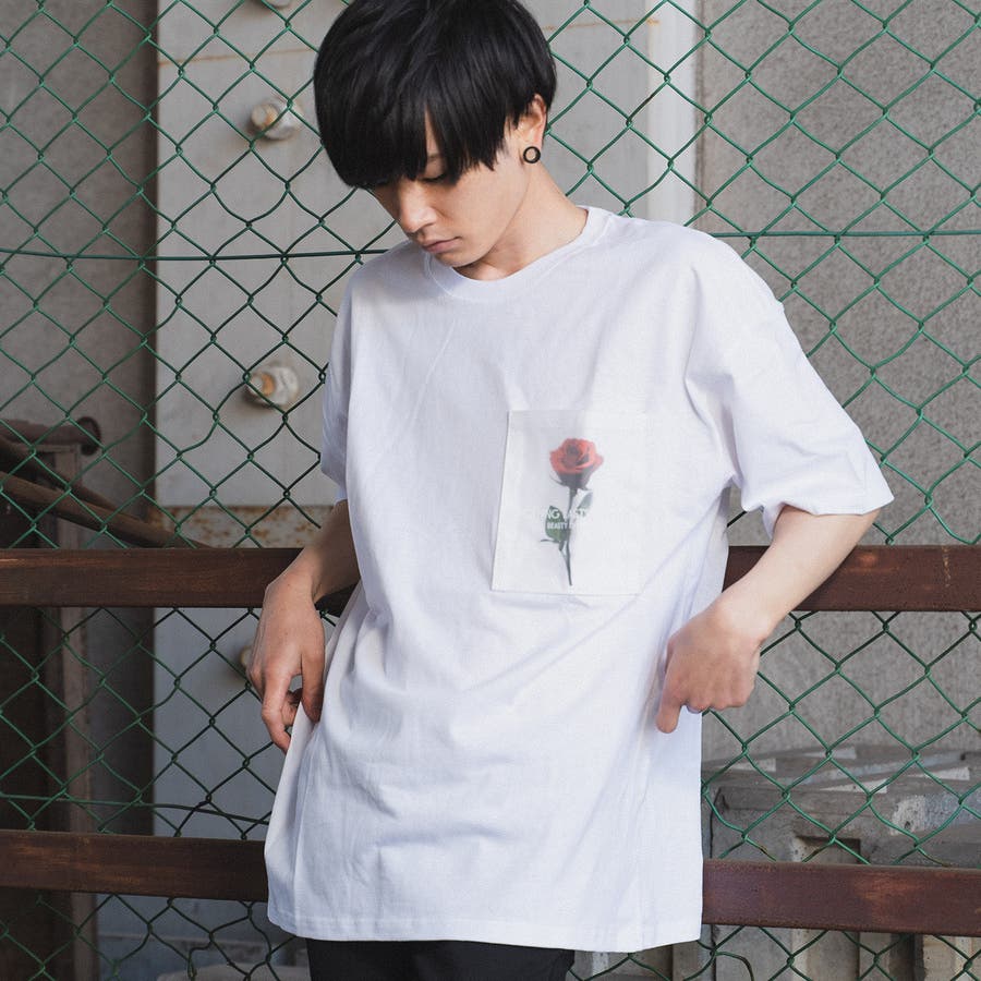 PVCポケット＆バックプリント Tシャツ(薔薇 ローズ) [品番