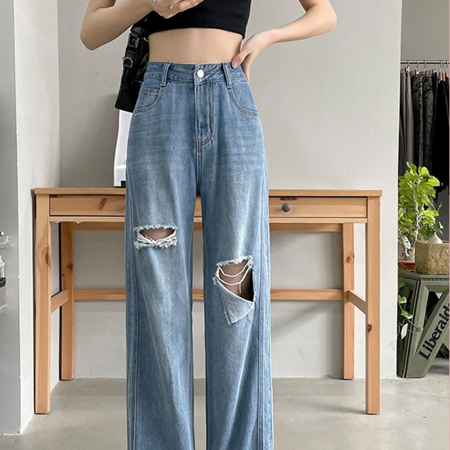 ハイウエスト ダメージデニムパンツ [品番：RKKW0002794]｜RAKUku（ラクク）のレディースファッション通販｜SHOPLIST（ショップリスト）