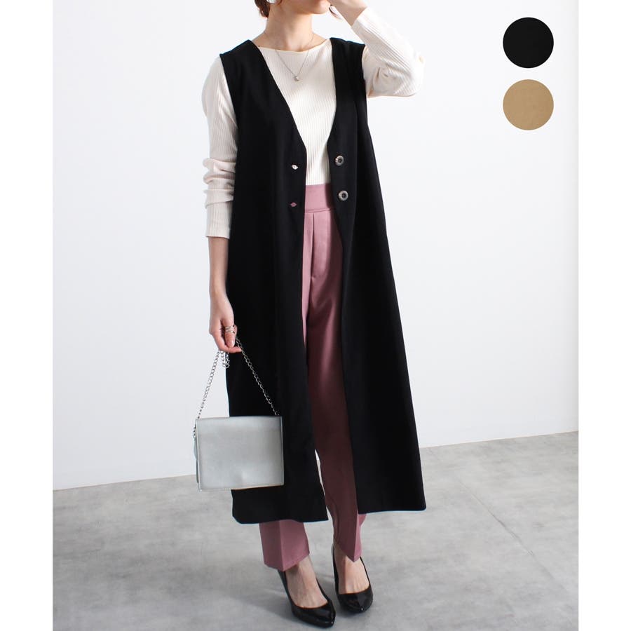 カットジョーゼット ノーカラーロングベスト ジレ Vネック mitis AW 