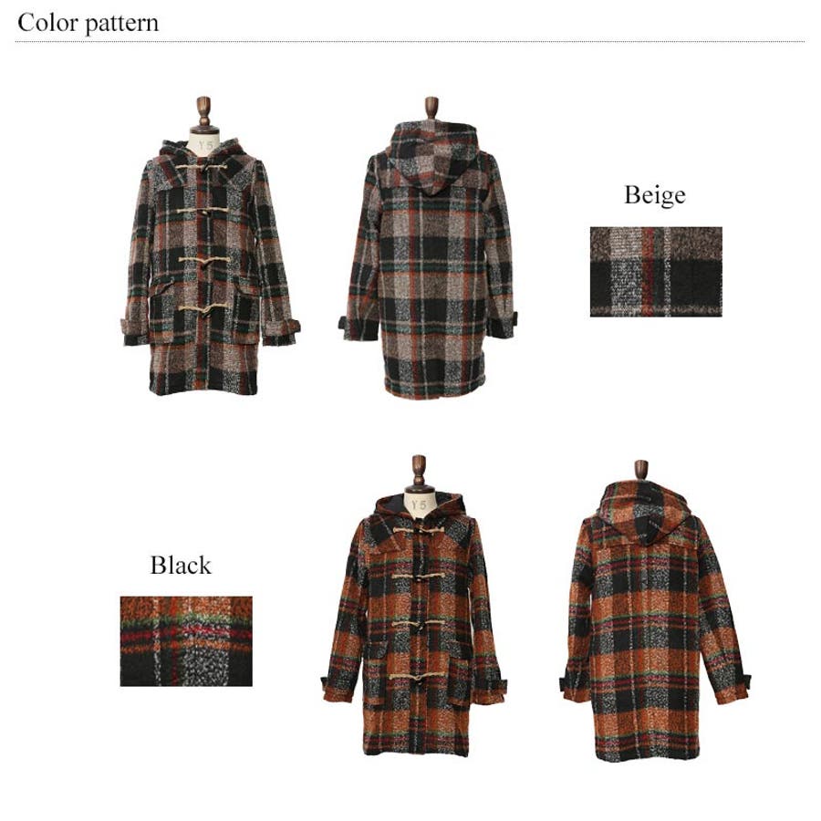 ウールミックス起毛チェック柄ロング丈ダッフルコート メンズ