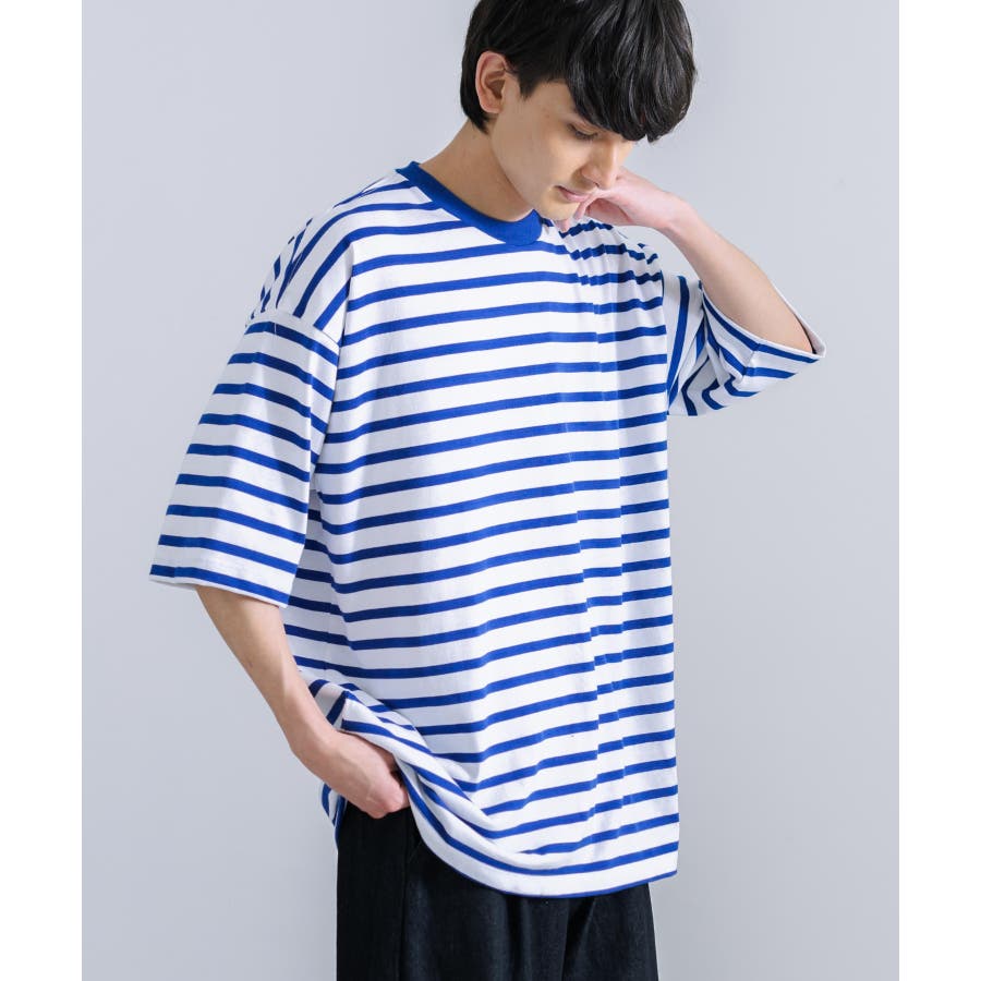 【103.ホワイト×R/ブルー】オーバーサイズボーダーT 半袖Tシャツ 