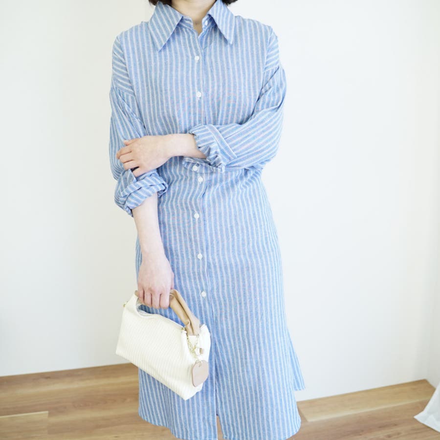 レディース ストライプ シャツワンピース 春 夏服[品番