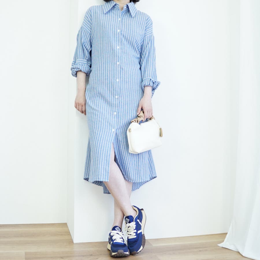 レディース ストライプ シャツワンピース 春 夏服[品番
