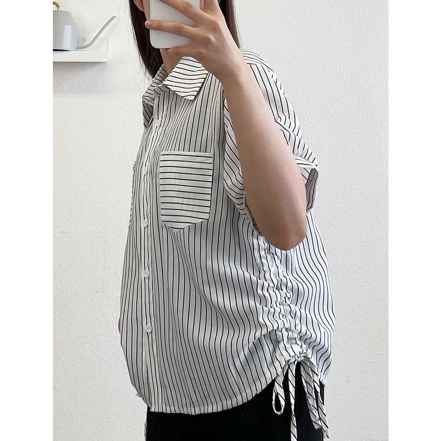 ストライプ柄シャツブラウス 半袖 全3色[品番：KH000013701