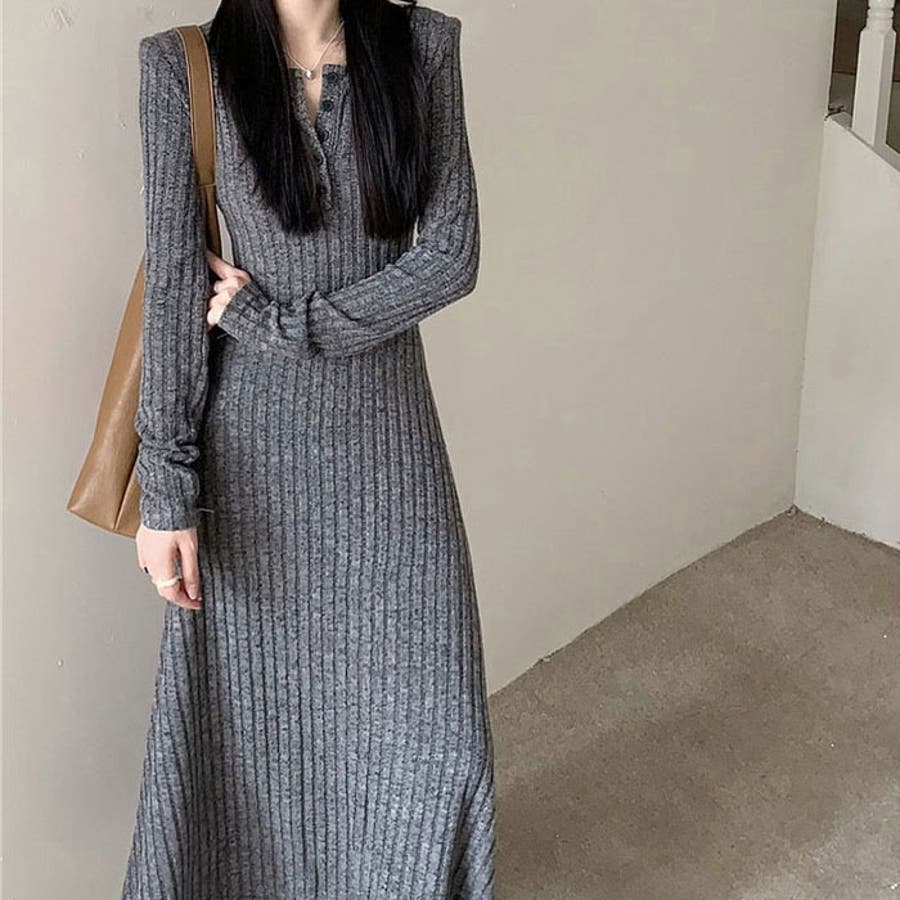 リブ編み ニットワンピース ロングワンピース[品番：KH000015013