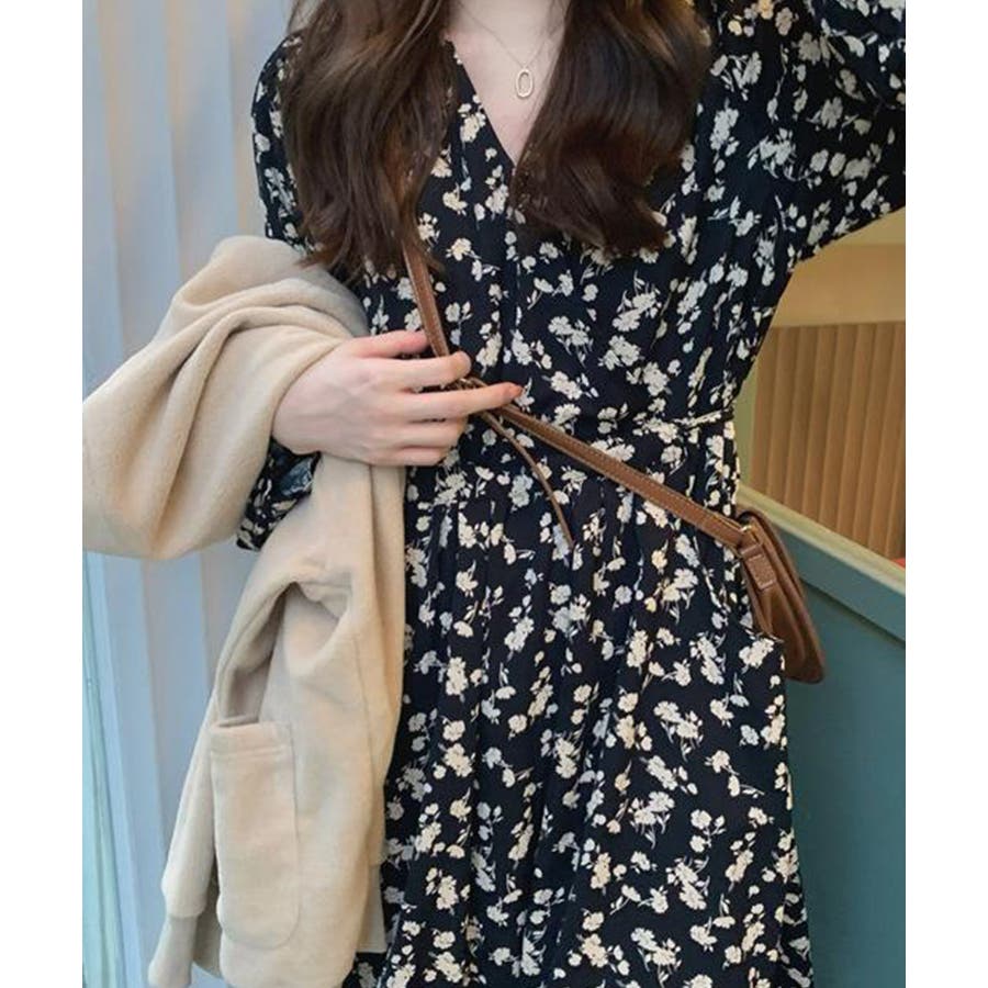 花柄カシュクールロングワンピース 長袖[品番：KH000015301