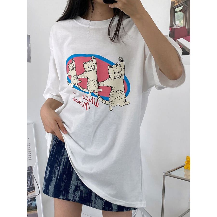 新作からSALEアイテム等お得な商品満載 可愛い猫プリント半袖Tシャツ 全3色 レディース[品番 トップス