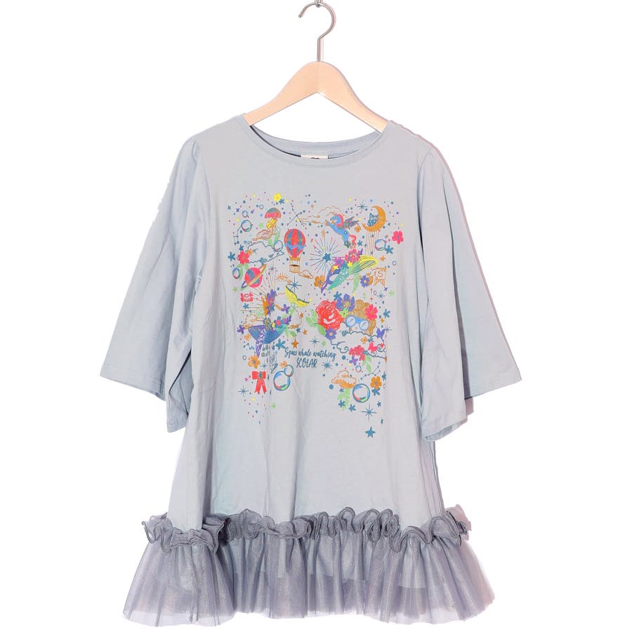 ScoLar - Scolar メルヘンラメプリント チュール切替チュニック スカラー ScoLar メルヘンラメプリント チュール切替チュニック