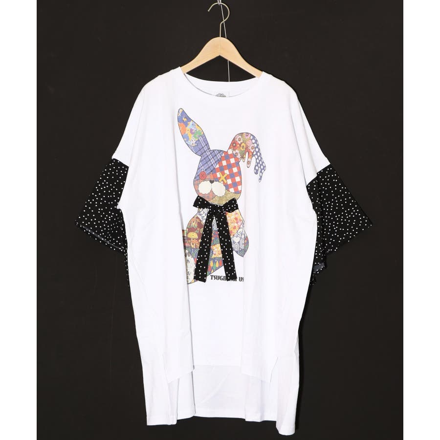 パッチワークウサギ柄 ドット切替BIG-Tシャツ[品番：SRSW0000056