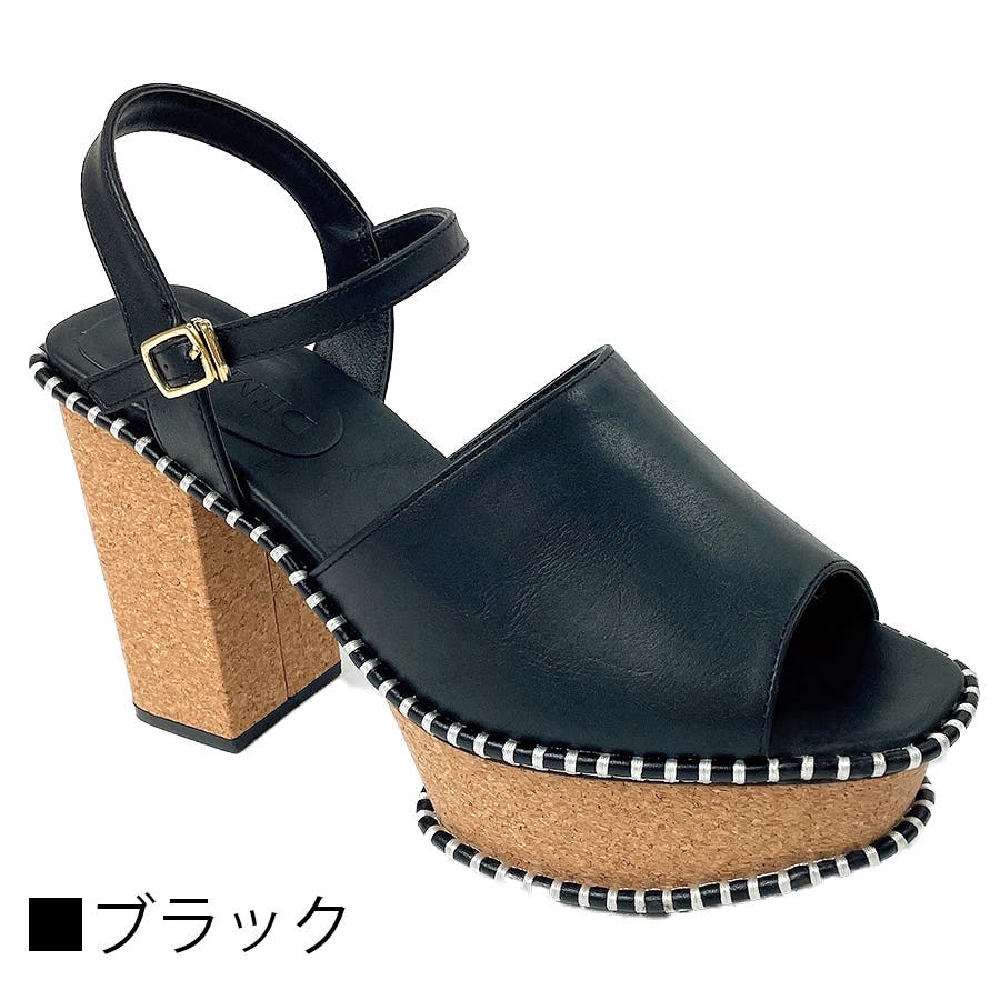 【メーカー直売】 ストラップ付き厚底ヒールアウトステッチサンダル [品番 靴