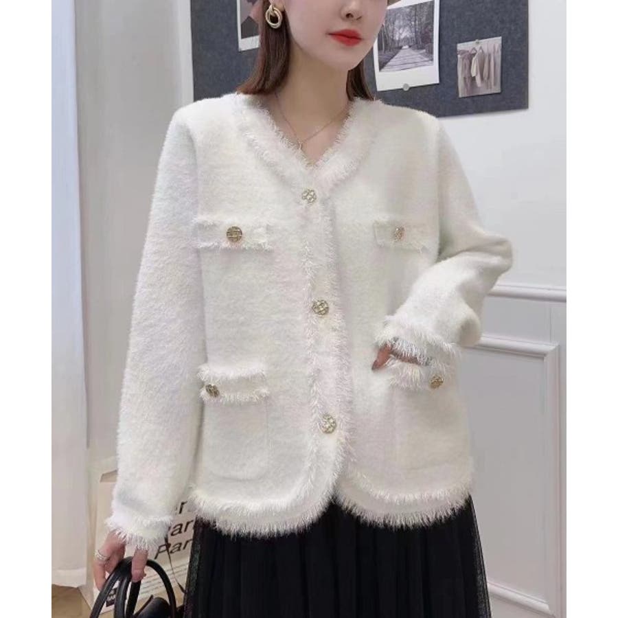 SETUP7】金ボタンツイードライクフリンジジャケット KNF049[品番