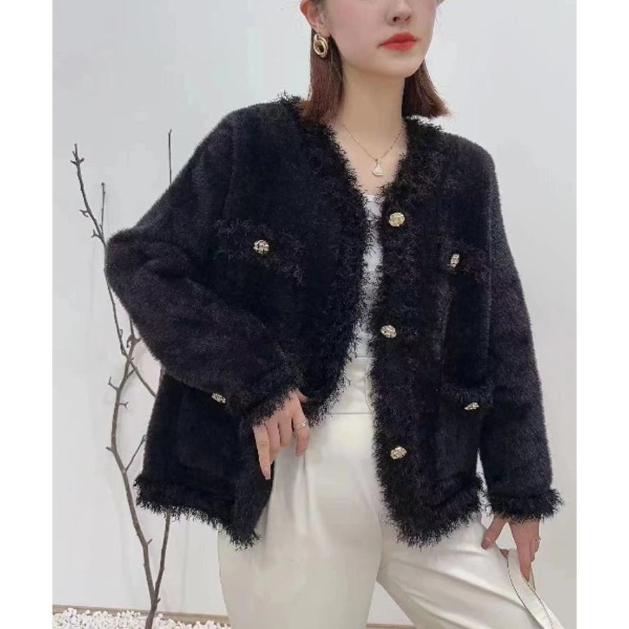 SETUP7】金ボタンツイードライクフリンジジャケット KNF049[品番