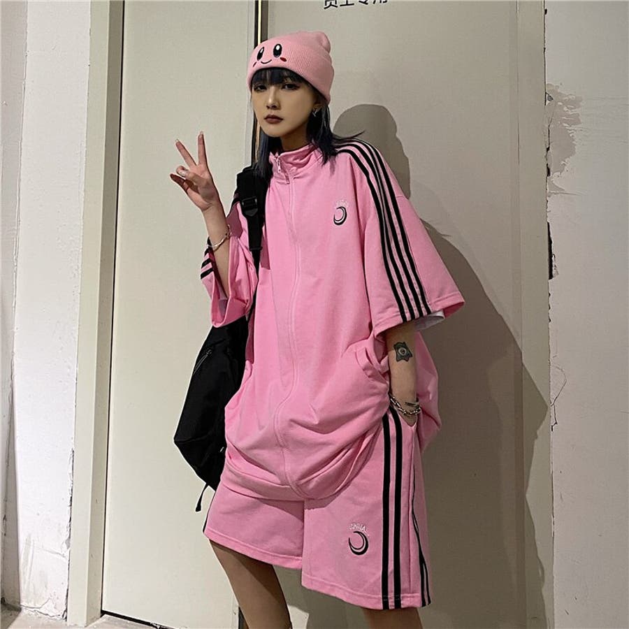 ラインジャージ半袖トップス＆ハーフパンツセットアップ レディース